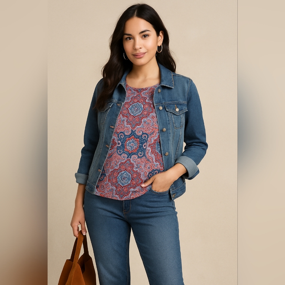 Talbots Petites Paisley Medallion Stretch Top MP Pink Blue Red
